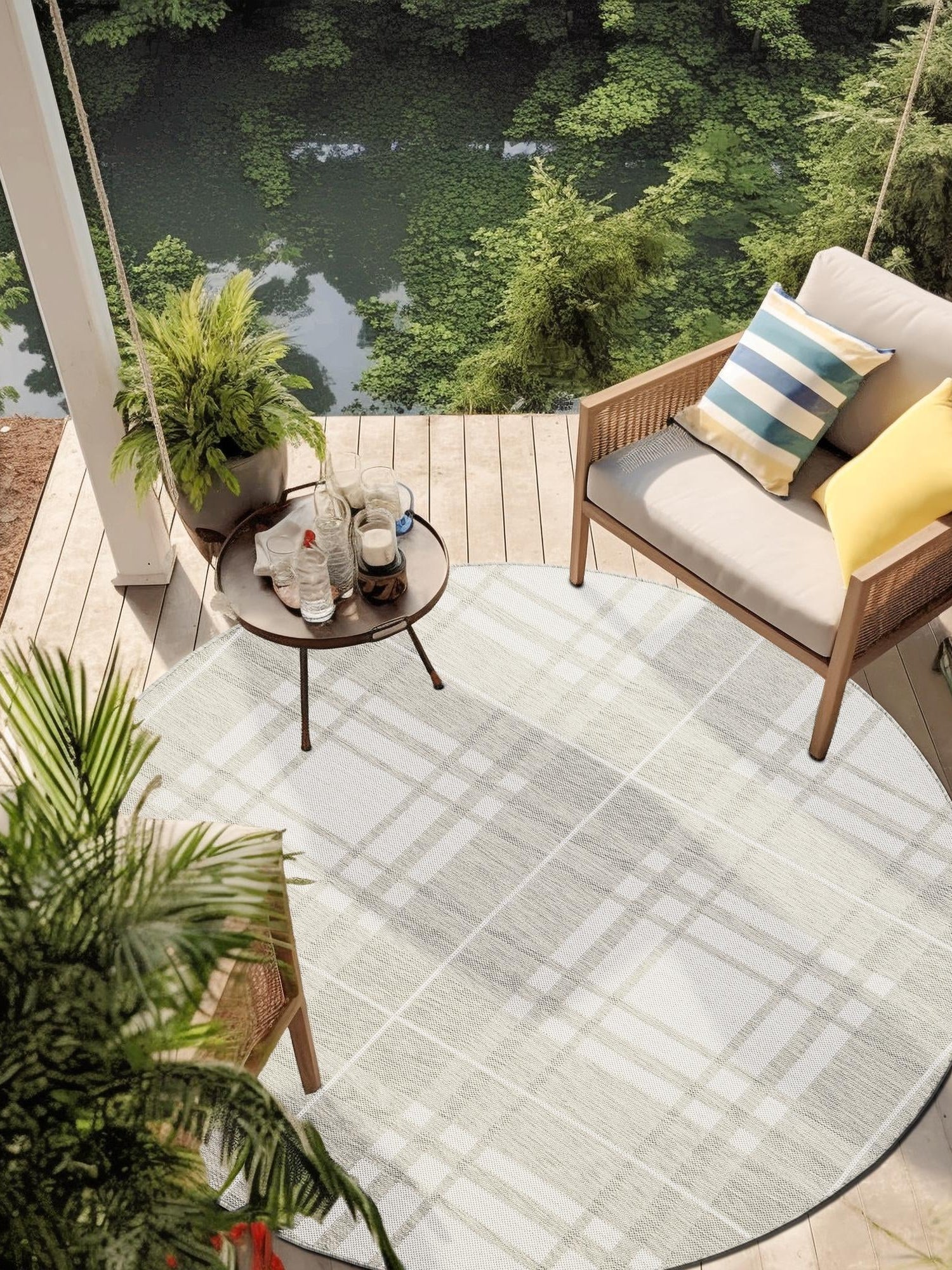 Gray 6' 1 x 6' 1 Outdoor Checkered Round Area Rug Weather Resistant for Patio, Deck, Terrace, Balcony, Porch 100% Polypropylene Geometric Carpet for Sale at Rug Engine