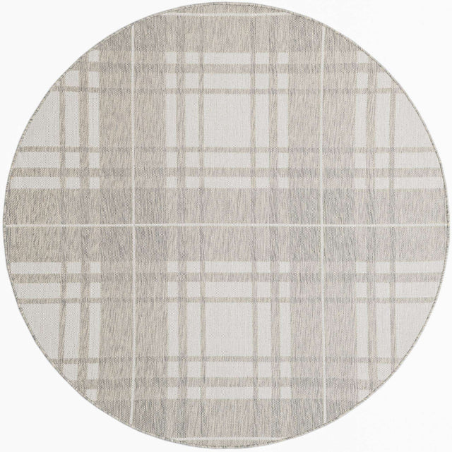 Gray 6' 1 x 6' 1 Outdoor Checkered Round Area Rug Weather Resistant for Patio, Deck, Terrace, Balcony, Porch 100% Polypropylene Geometric Carpet for Sale at Rug Engine