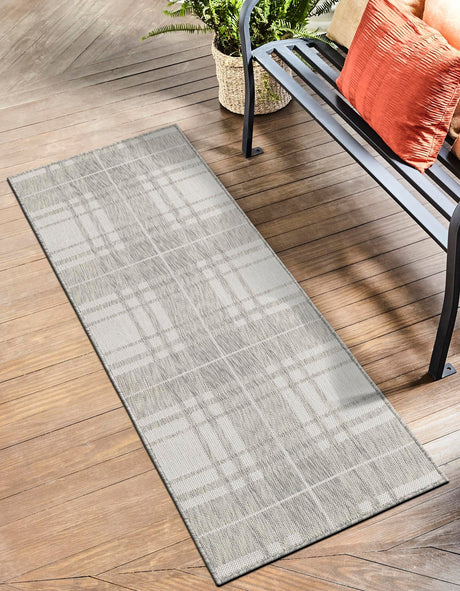 Gray 2' 7 x 12' Outdoor Checkered Runner Area Rug Weather Resistant for Patio, Deck, Terrace, Balcony, Porch 100% Polypropylene Geometric Carpet for Sale at Rug Engine