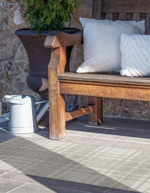 Gray 2' x 6' 1 Outdoor Checkered Runner Area Rug Weather Resistant for Patio, Deck, Terrace, Balcony, Porch 100% Polypropylene Geometric Carpet for Sale at Rug Engine