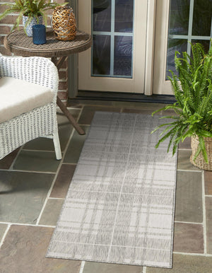 Gray 2' x 6' 1 Outdoor Checkered Runner Area Rug Weather Resistant for Patio, Deck, Terrace, Balcony, Porch 100% Polypropylene Geometric Carpet for Sale at Rug Engine