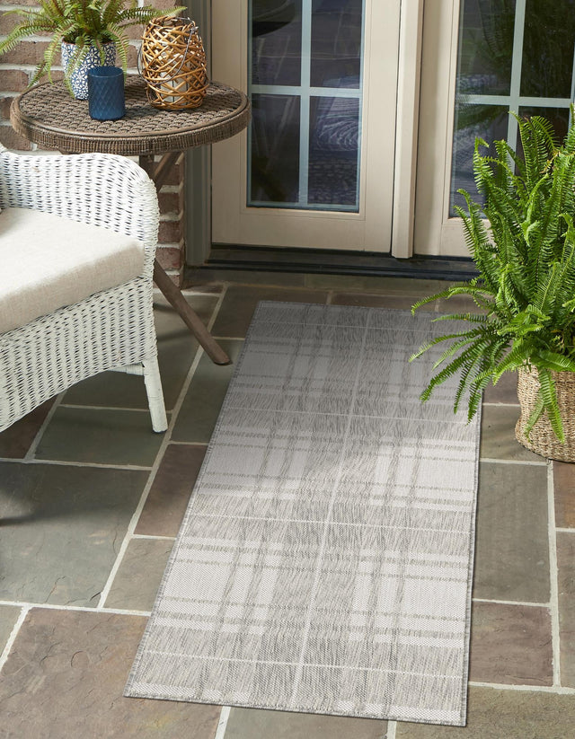 Gray 2' x 6' 1 Outdoor Checkered Runner Area Rug Weather Resistant for Patio, Deck, Terrace, Balcony, Porch 100% Polypropylene Geometric Carpet for Sale at Rug Engine