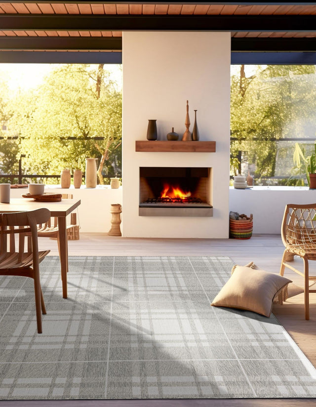 Gray 7' 10 x 7' 10 Outdoor Checkered Square Area Rug Weather Resistant for Patio, Deck, Terrace, Balcony, Porch 100% Polypropylene Geometric Carpet for Sale at Rug Engine