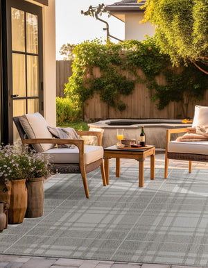 Gray 10' x 10' Outdoor Checkered Square Area Rug Weather Resistant for Patio, Deck, Terrace, Balcony, Porch 100% Polypropylene Geometric Carpet for Sale at Rug Engine