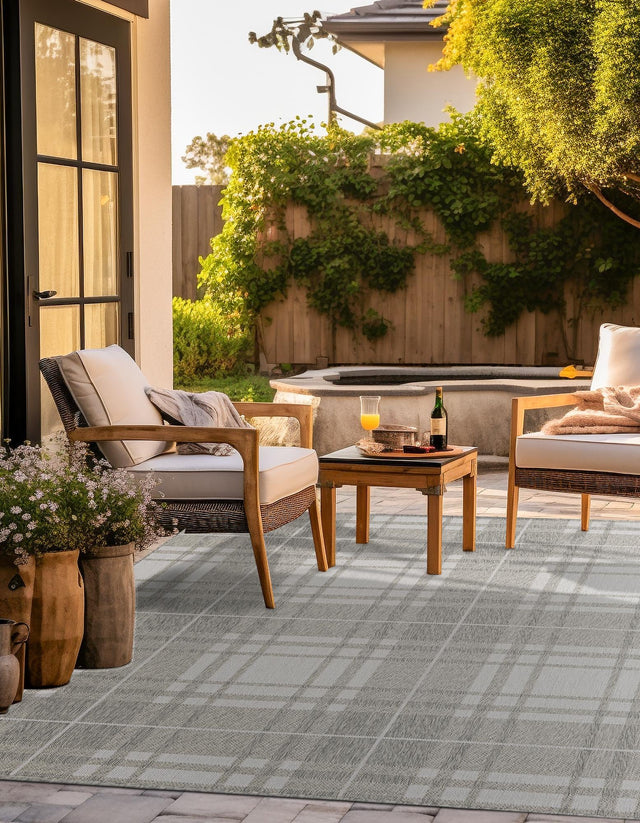 Gray 7' 10 x 7' 10 Outdoor Checkered Square Area Rug Weather Resistant for Patio, Deck, Terrace, Balcony, Porch 100% Polypropylene Geometric Carpet for Sale at Rug Engine