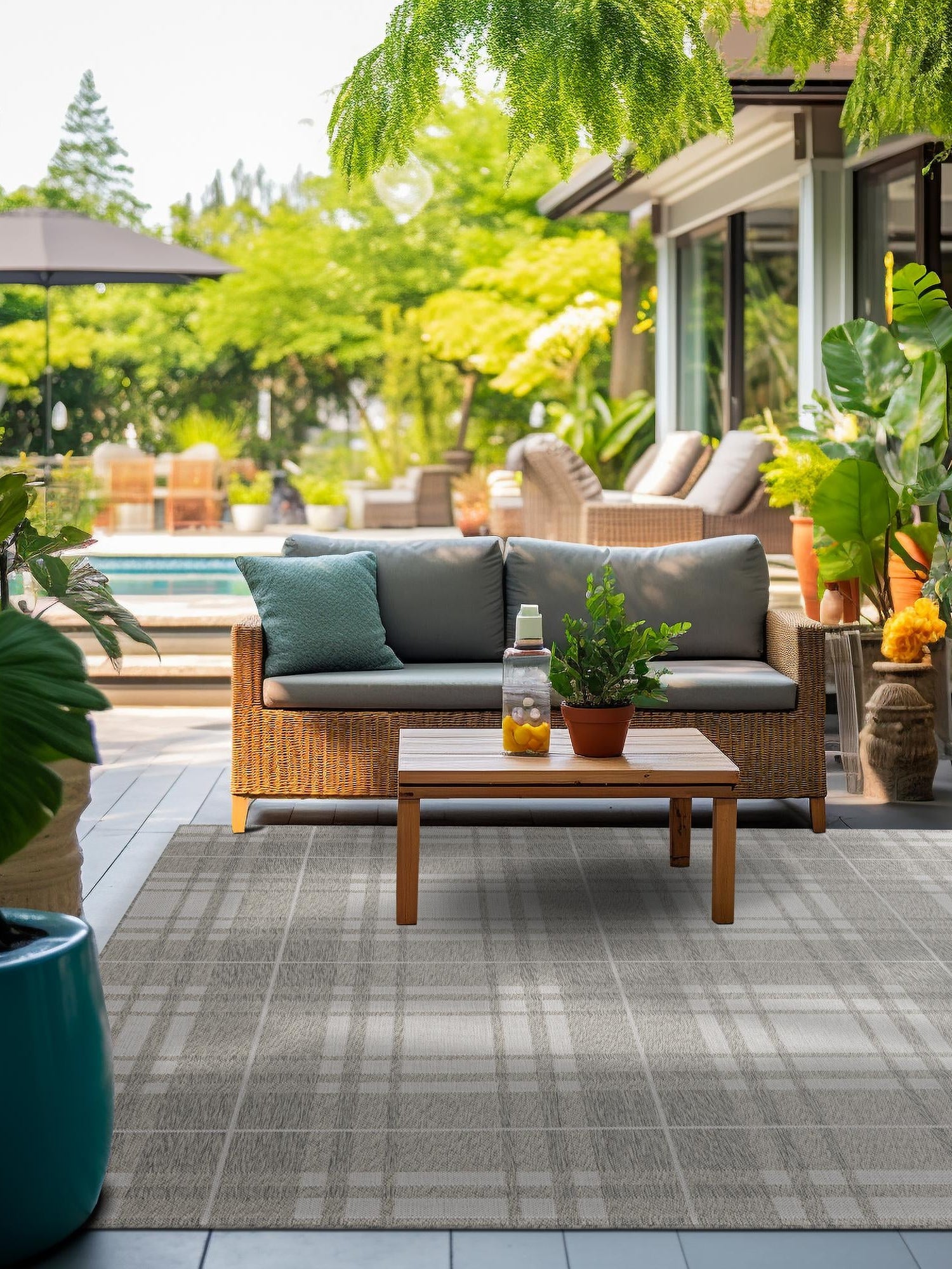 Gray 7' 10 x 7' 10 Outdoor Checkered Square Area Rug Weather Resistant for Patio, Deck, Terrace, Balcony, Porch 100% Polypropylene Geometric Carpet for Sale at Rug Engine