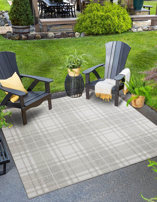 Gray 10' x 10' Outdoor Checkered Square Area Rug Weather Resistant for Patio, Deck, Terrace, Balcony, Porch 100% Polypropylene Geometric Carpet for Sale at Rug Engine