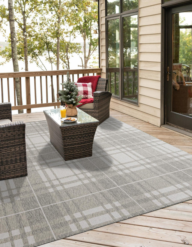 Gray 10' x 10' Outdoor Checkered Square Area Rug Weather Resistant for Patio, Deck, Terrace, Balcony, Porch 100% Polypropylene Geometric Carpet for Sale at Rug Engine