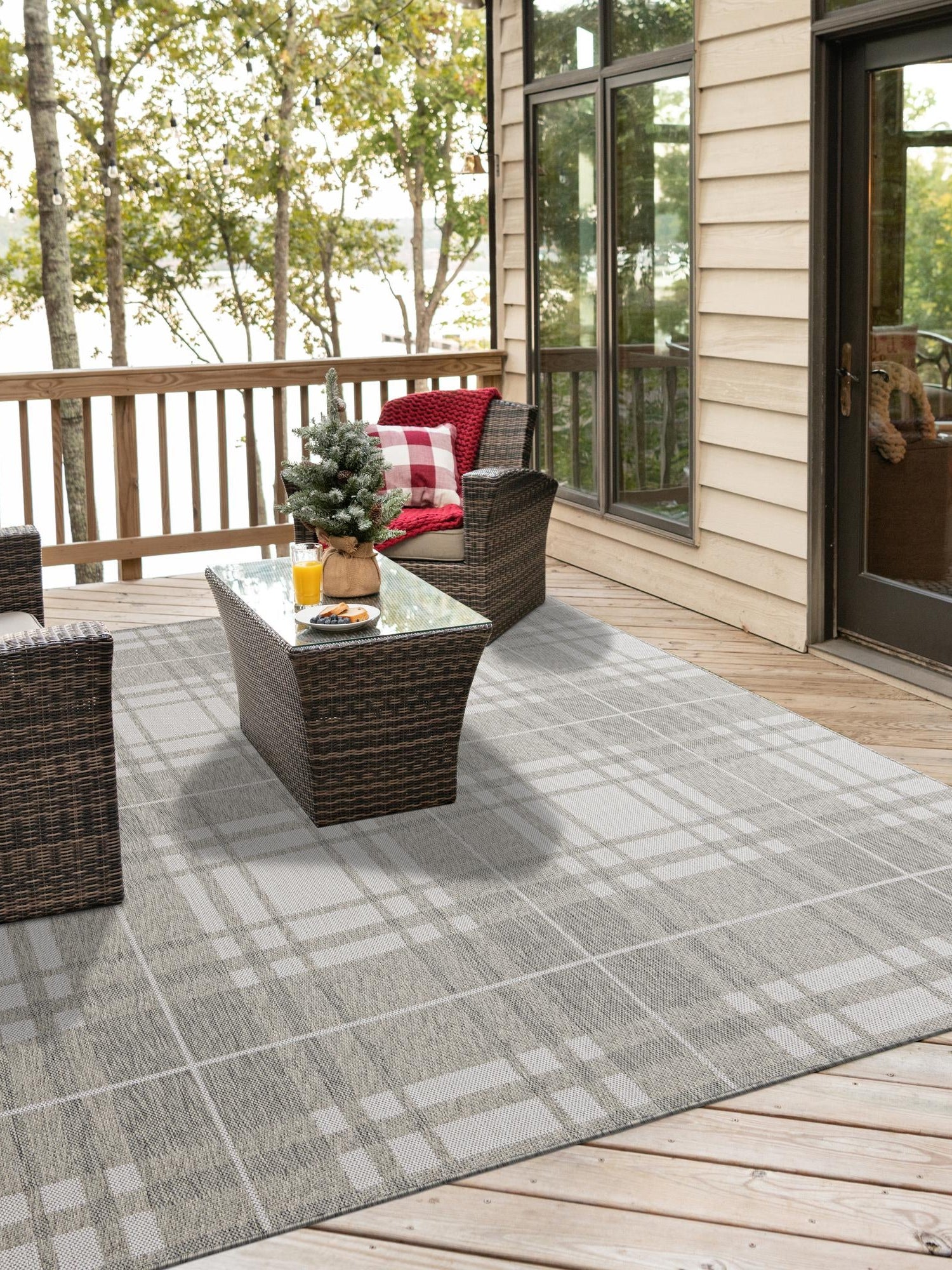 Gray 7' 10 x 7' 10 Outdoor Checkered Square Area Rug Weather Resistant for Patio, Deck, Terrace, Balcony, Porch 100% Polypropylene Geometric Carpet for Sale at Rug Engine