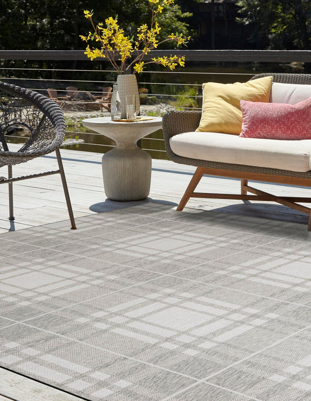 Gray 10' x 10' Outdoor Checkered Square Area Rug Weather Resistant for Patio, Deck, Terrace, Balcony, Porch 100% Polypropylene Geometric Carpet for Sale at Rug Engine