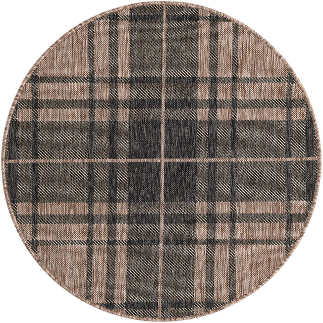 Black and Brown 3' 1 x 3' 1 Outdoor Checkered Round Area Rug Weather Resistant for Patio, Deck, Terrace, Balcony, Porch 100% Polypropylene Geometric Carpet for Sale at Rug Engine