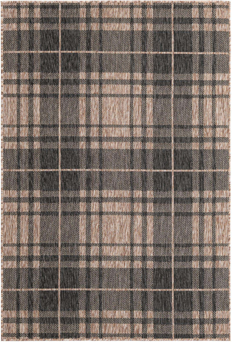 Black and Brown 4' 1 x 6' 1 Outdoor Checkered Rectangle Area Rug Weather Resistant for Patio, Deck, Terrace, Balcony, Porch