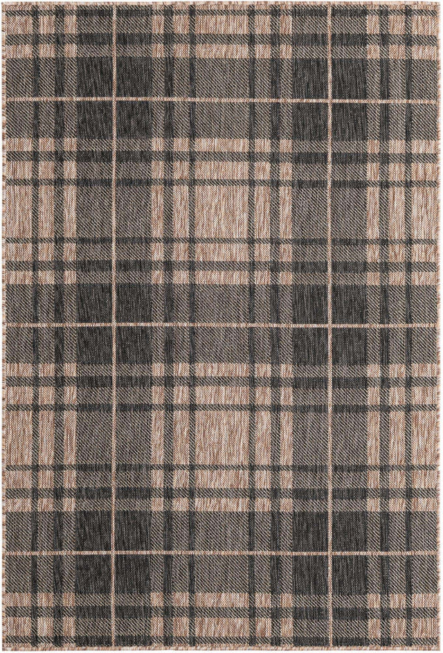 Black and Brown 4' 1 x 6' 1 Outdoor Checkered Rectangle Area Rug Weather Resistant for Patio, Deck, Terrace, Balcony, Porch