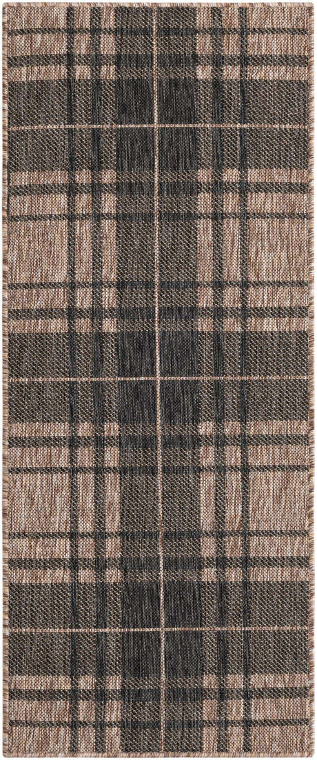 Black and Brown 2' x 5' 3 Outdoor Checkered Runner Area Rug Weather Resistant for Patio, Deck, Terrace, Balcony, Porch 100% Polypropylene Geometric Carpet for Sale at Rug Engine