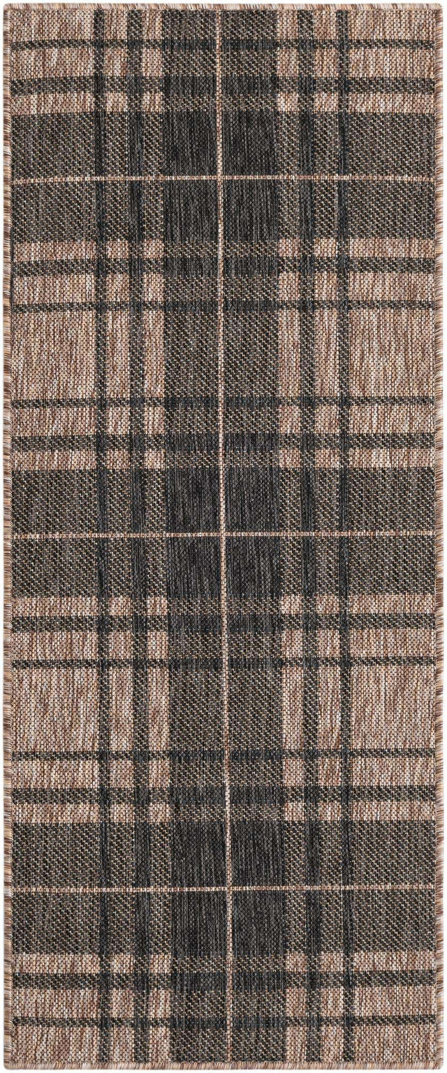 Black and Brown 2' x 5' 3 Outdoor Checkered Runner Area Rug Weather Resistant for Patio, Deck, Terrace, Balcony, Porch 100% Polypropylene Geometric Carpet for Sale at Rug Engine