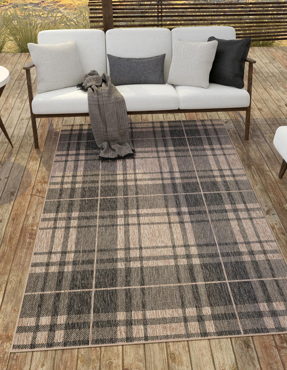 Black and Brown 4' 1 x 6' 1 Outdoor Checkered Rectangle Area Rug Weather Resistant for Patio, Deck, Terrace, Balcony, Porch 100% Polypropylene Geometric Carpet for Sale at Rug Engine