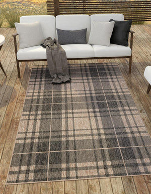 Black and Brown 5' 3 x 7' 1 Outdoor Checkered Rectangle Area Rug Weather Resistant for Patio, Deck, Terrace, Balcony, Porch 100% Polypropylene Geometric Carpet for Sale at Rug Engine