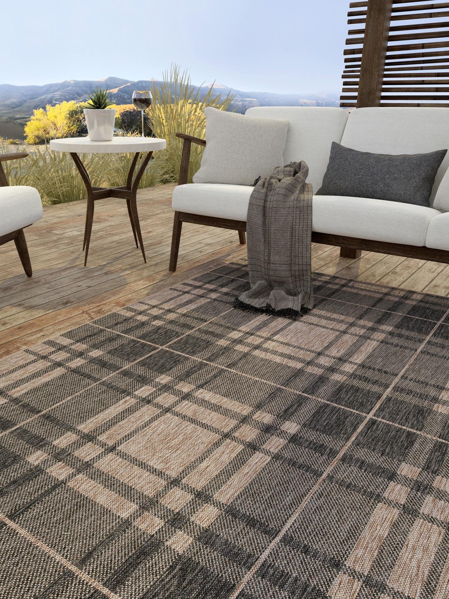 Black and Brown 7' 10 x 10' Outdoor Checkered Rectangle Area Rug Weather Resistant for Patio, Deck, Terrace, Balcony, Porch 100% Polypropylene Geometric Carpet for Sale at Rug Engine