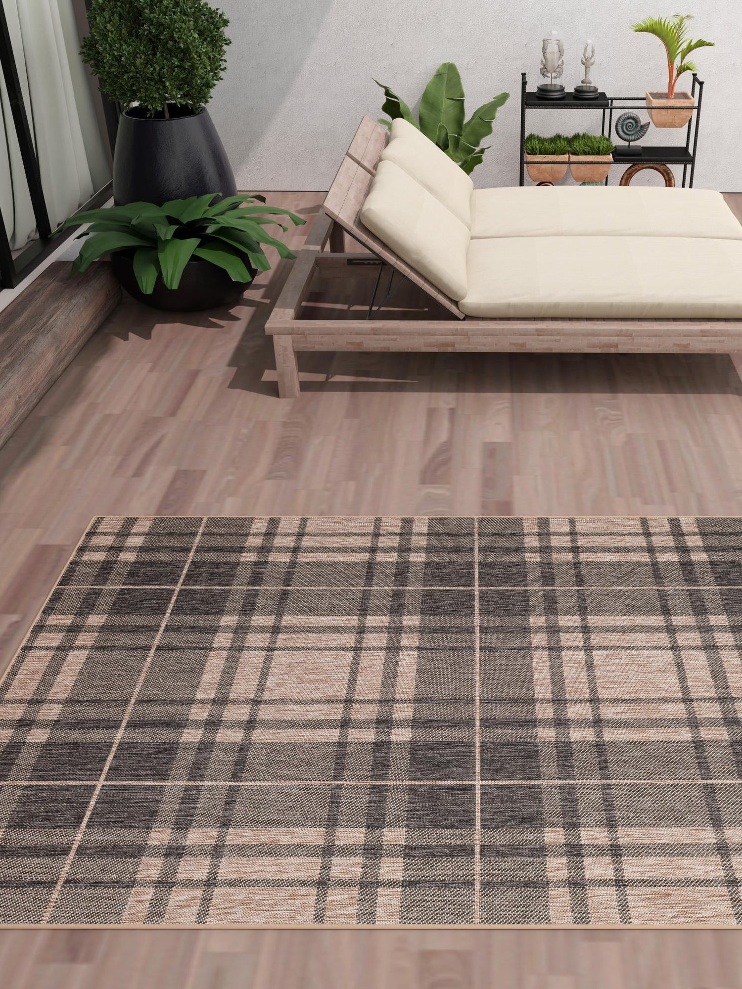 Black and Brown 7' 10 x 10' Outdoor Checkered Rectangle Area Rug Weather Resistant for Patio, Deck, Terrace, Balcony, Porch 100% Polypropylene Geometric Carpet for Sale at Rug Engine