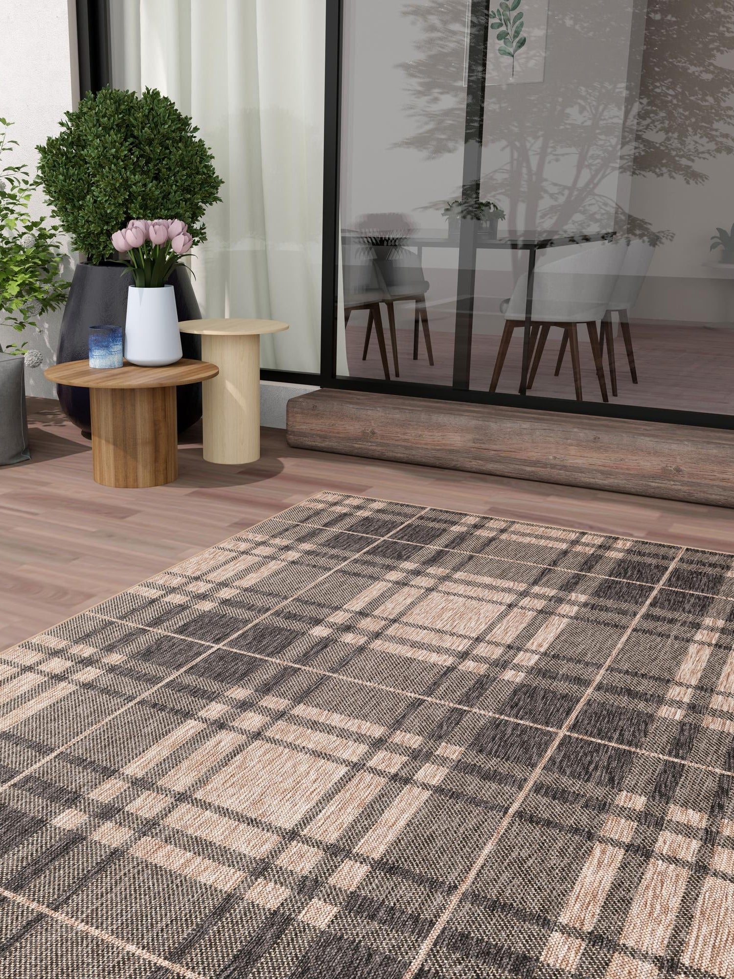 Black and Brown 7' 10 x 10' Outdoor Checkered Rectangle Area Rug Weather Resistant for Patio, Deck, Terrace, Balcony, Porch 100% Polypropylene Geometric Carpet for Sale at Rug Engine