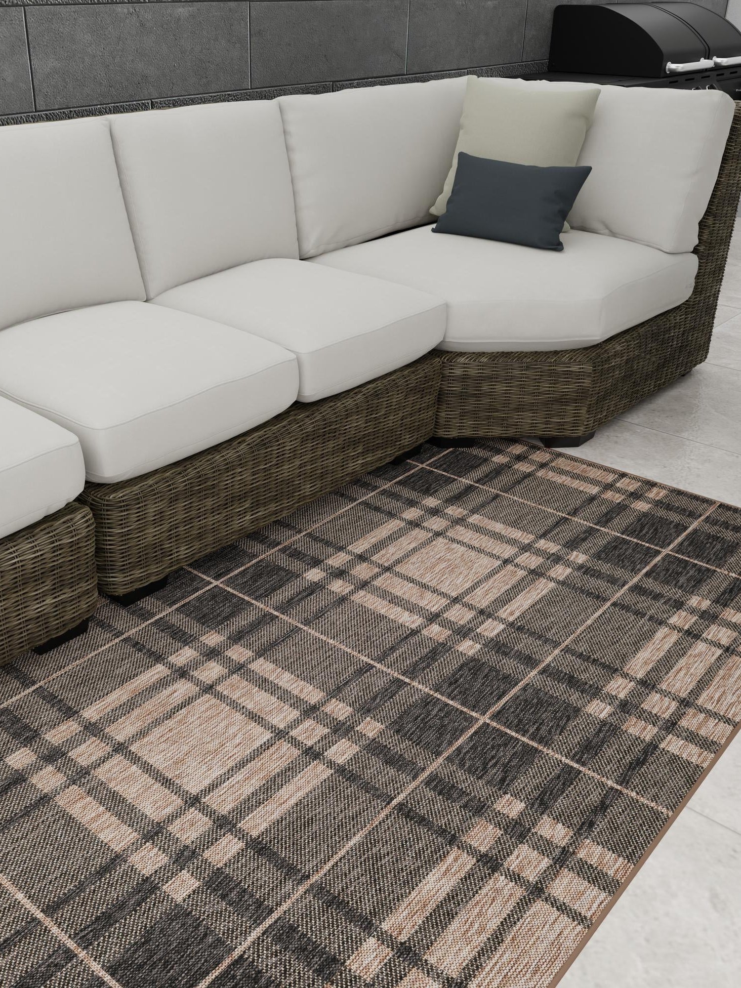 Black and Brown 7' 10 x 10' Outdoor Checkered Rectangle Area Rug Weather Resistant for Patio, Deck, Terrace, Balcony, Porch 100% Polypropylene Geometric Carpet for Sale at Rug Engine