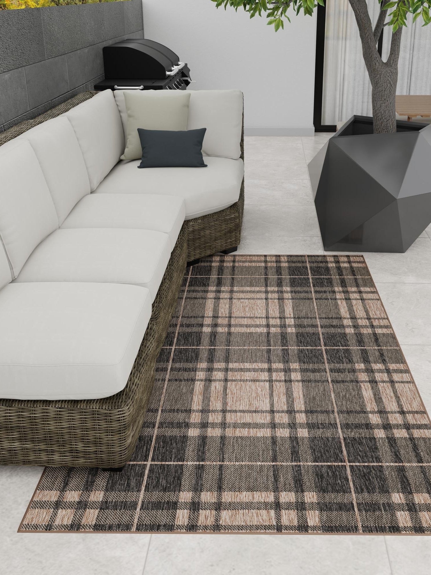 Black and Brown 7' 10 x 10' Outdoor Checkered Rectangle Area Rug Weather Resistant for Patio, Deck, Terrace, Balcony, Porch 100% Polypropylene Geometric Carpet for Sale at Rug Engine
