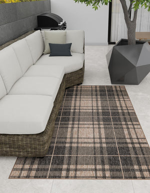Black and Brown 5' 3 x 7' 1 Outdoor Checkered Rectangle Area Rug Weather Resistant for Patio, Deck, Terrace, Balcony, Porch 100% Polypropylene Geometric Carpet for Sale at Rug Engine