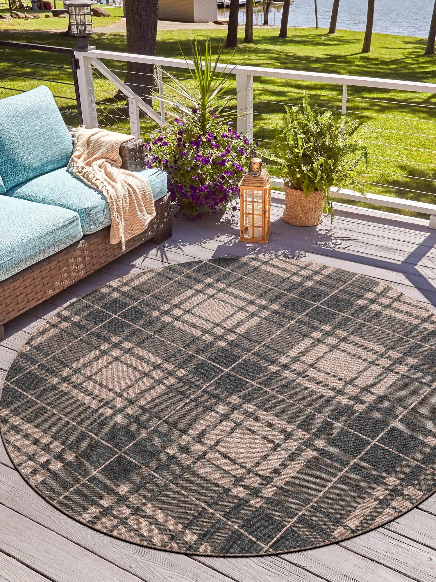 Black and Brown 6' 1 x 6' 1 Outdoor Checkered Round Area Rug Weather Resistant for Patio, Deck, Terrace, Balcony, Porch 100% Polypropylene Geometric Carpet for Sale at Rug Engine