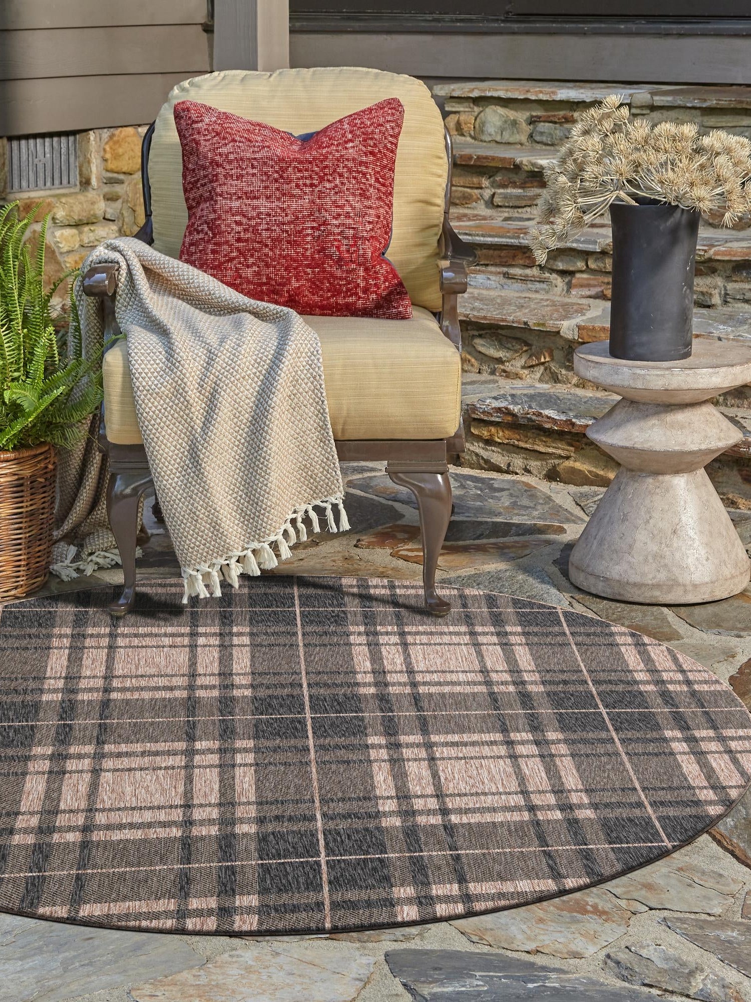 Black and Brown 6' 1 x 6' 1 Outdoor Checkered Round Area Rug Weather Resistant for Patio, Deck, Terrace, Balcony, Porch 100% Polypropylene Geometric Carpet for Sale at Rug Engine