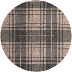 Black and Brown 6' 1 x 6' 1 Outdoor Checkered Round Area Rug Weather Resistant for Patio, Deck, Terrace, Balcony, Porch 100% Polypropylene Geometric Carpet for Sale at Rug Engine