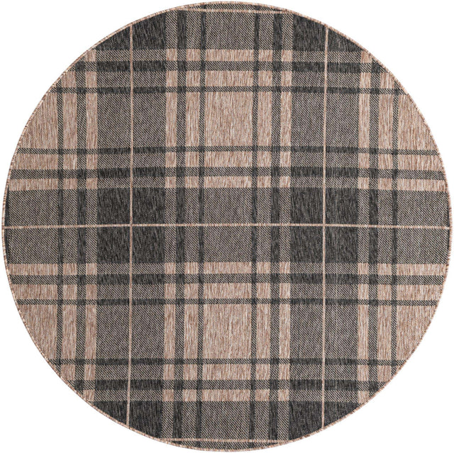 Black and Brown 6' 1 x 6' 1 Outdoor Checkered Round Area Rug Weather Resistant for Patio, Deck, Terrace, Balcony, Porch 100% Polypropylene Geometric Carpet for Sale at Rug Engine