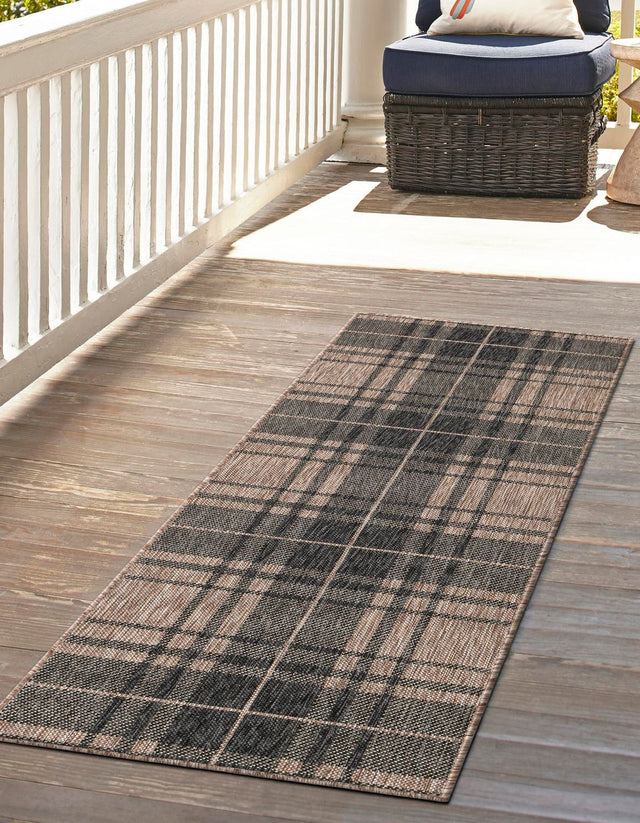 Black and Brown 2' x 8' Outdoor Checkered Runner Area Rug Weather Resistant for Patio, Deck, Terrace, Balcony, Porch 100% Polypropylene Geometric Carpet for Sale at Rug Engine