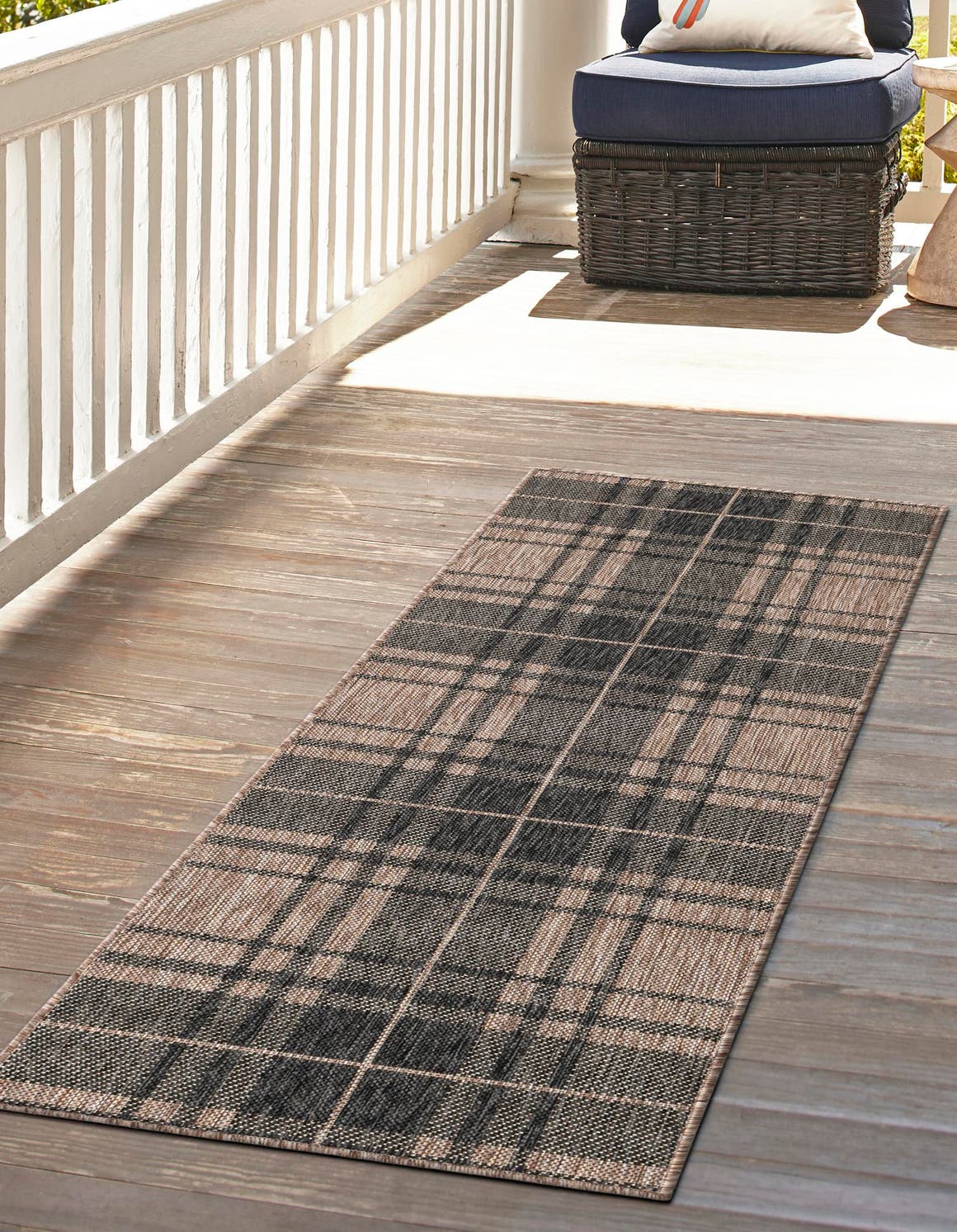 Black and Brown 2' x 6' 1 Outdoor Checkered Runner Area Rug Weather Resistant for Patio, Deck, Terrace, Balcony, Porch 100% Polypropylene Geometric Carpet for Sale at Rug Engine