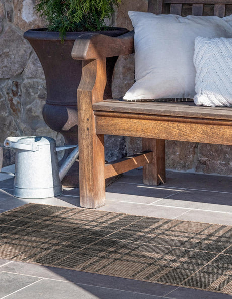 Black and Brown 2' x 5' 3 Outdoor Checkered Runner Area Rug Weather Resistant for Patio, Deck, Terrace, Balcony, Porch 100% Polypropylene Geometric Carpet for Sale at Rug Engine