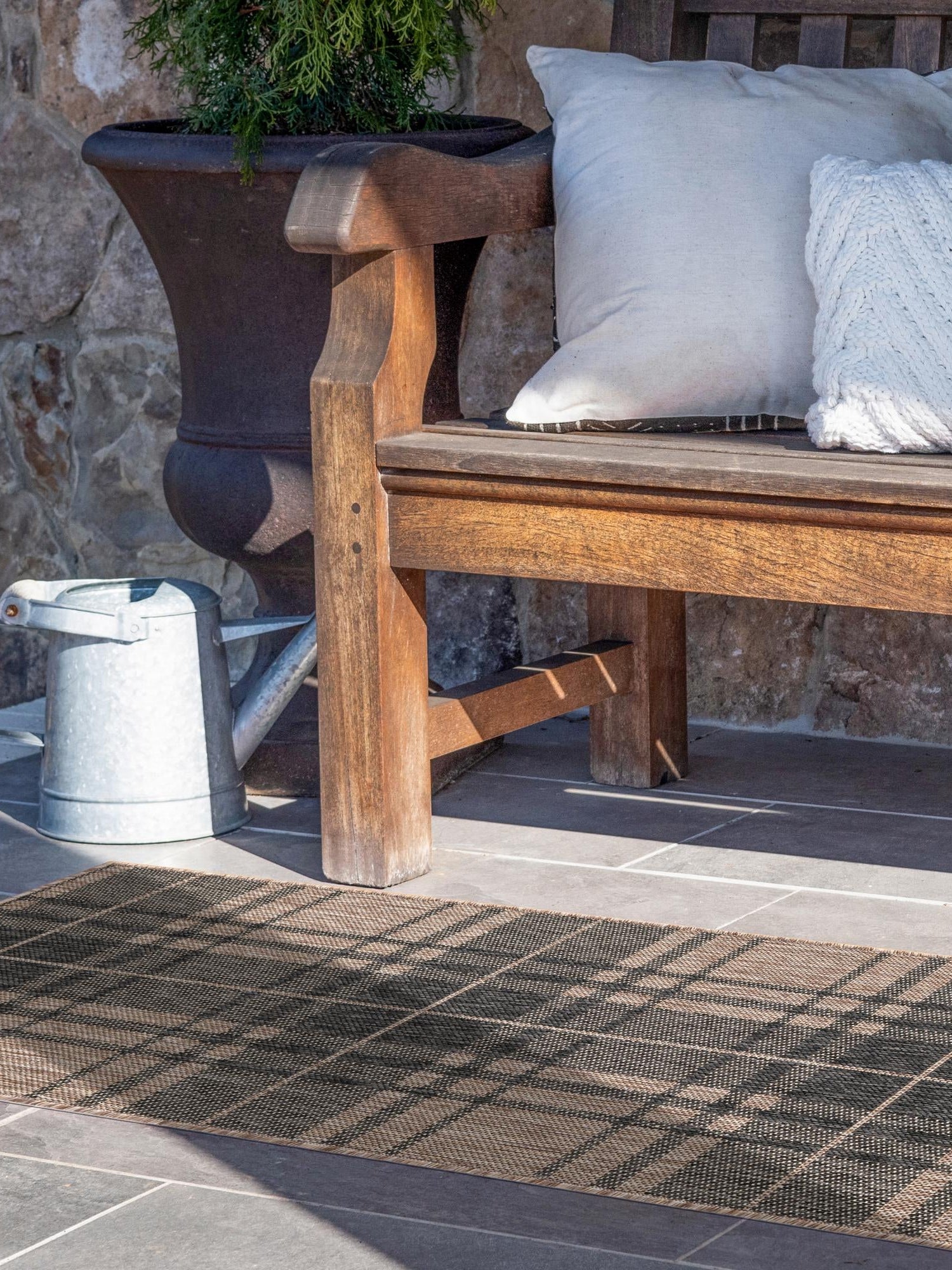 Black and Brown 2' x 6' 1 Outdoor Checkered Runner Area Rug Weather Resistant for Patio, Deck, Terrace, Balcony, Porch 100% Polypropylene Geometric Carpet for Sale at Rug Engine