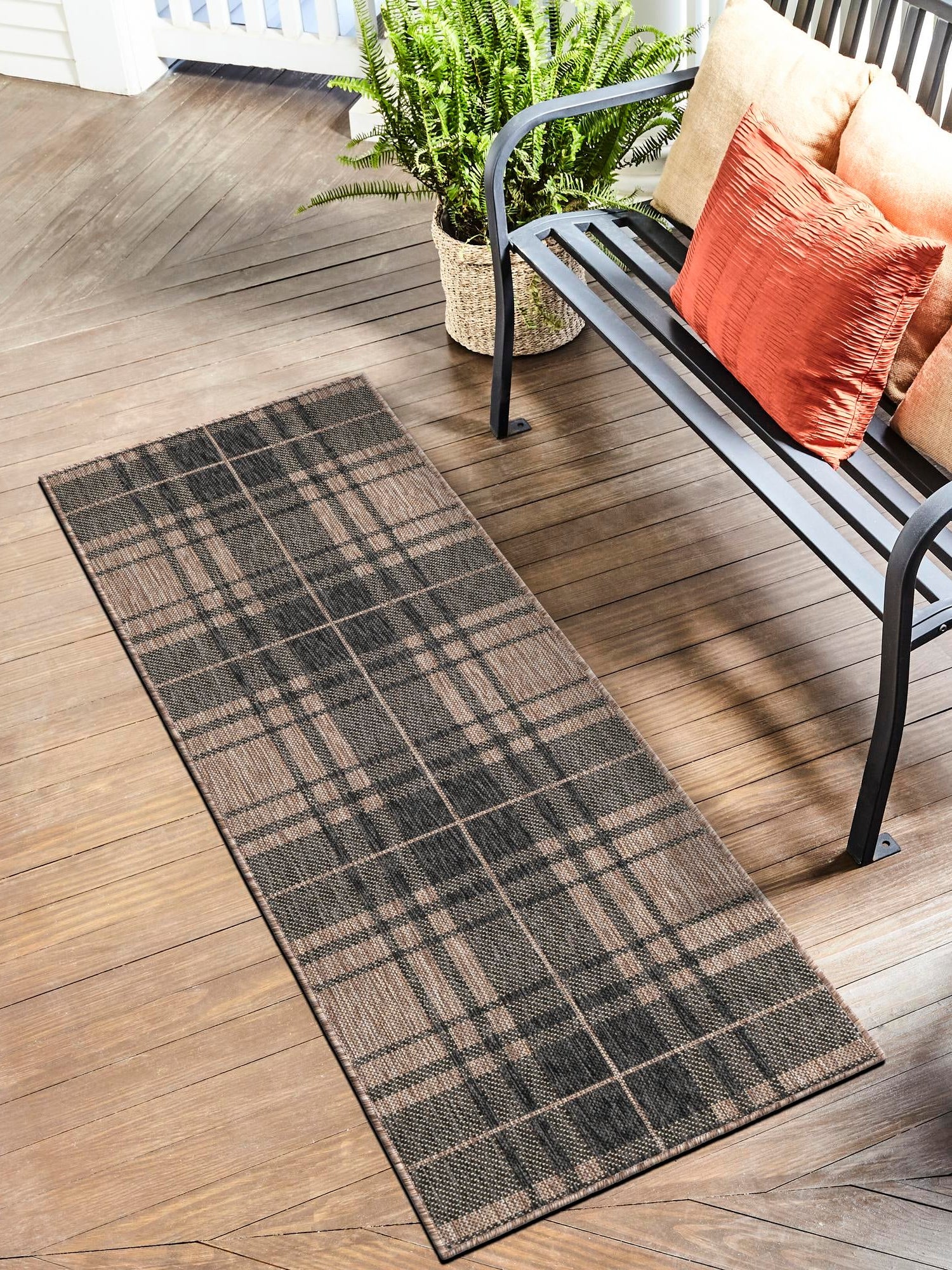 Black and Brown 2' x 5' 3 Outdoor Checkered Runner Area Rug Weather Resistant for Patio, Deck, Terrace, Balcony, Porch 100% Polypropylene Geometric Carpet for Sale at Rug Engine