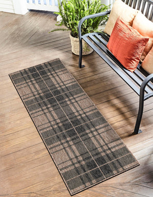 Black and Brown 2' x 6' 1 Outdoor Checkered Runner Area Rug Weather Resistant for Patio, Deck, Terrace, Balcony, Porch 100% Polypropylene Geometric Carpet for Sale at Rug Engine