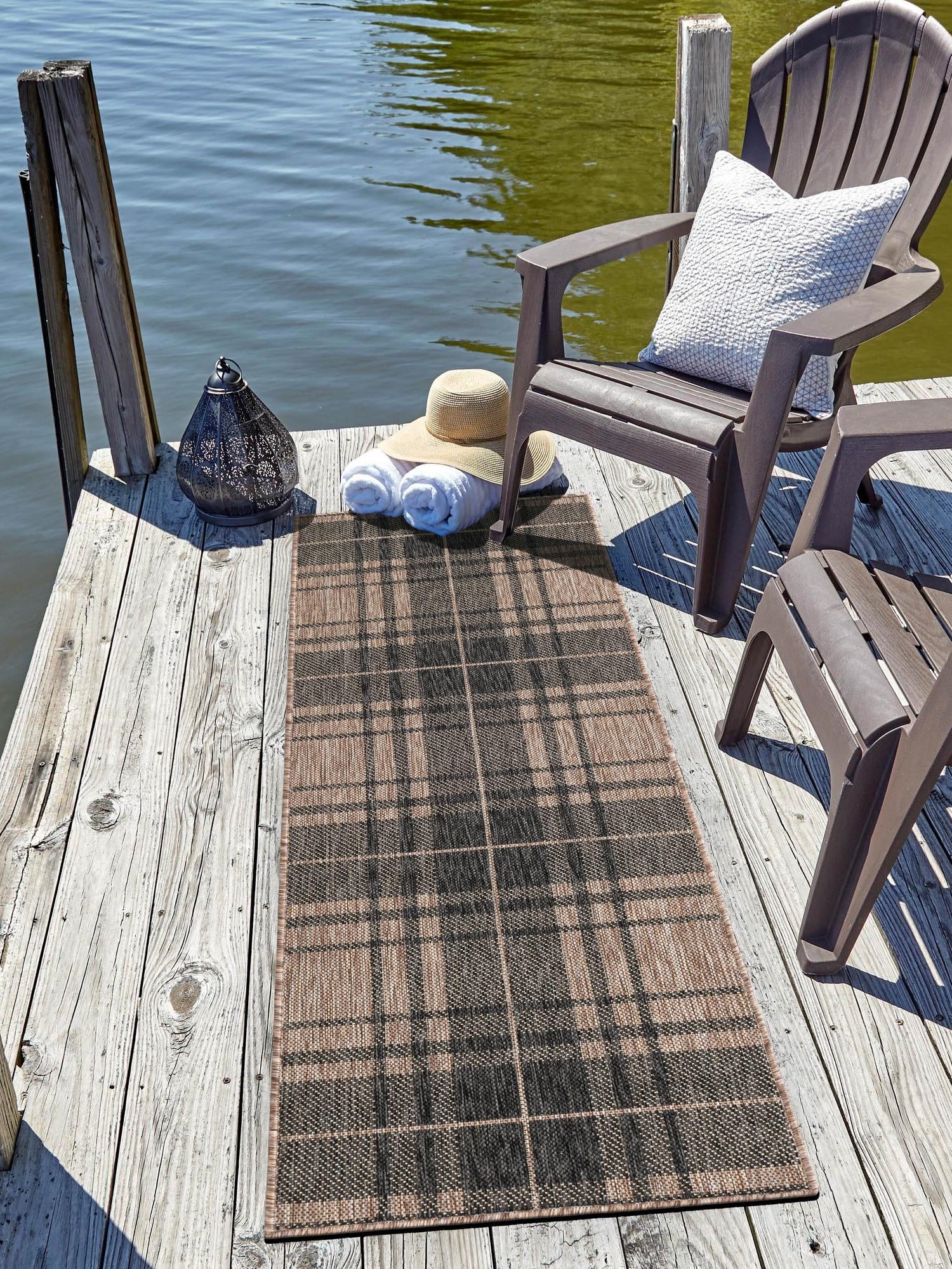 Black and Brown 2' x 5' 3 Outdoor Checkered Runner Area Rug Weather Resistant for Patio, Deck, Terrace, Balcony, Porch 100% Polypropylene Geometric Carpet for Sale at Rug Engine