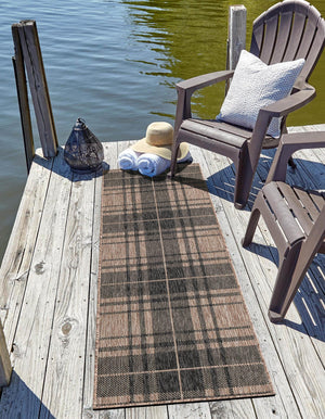 Black and Brown 2' x 5' 3 Outdoor Checkered Runner Area Rug Weather Resistant for Patio, Deck, Terrace, Balcony, Porch 100% Polypropylene Geometric Carpet for Sale at Rug Engine