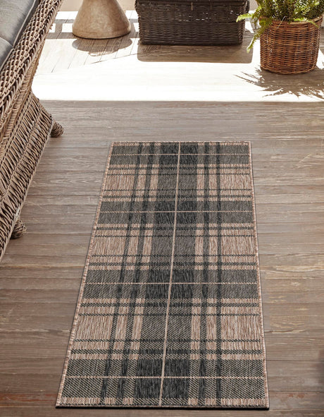 Black and Brown 2' x 8' Outdoor Checkered Runner Area Rug Weather Resistant for Patio, Deck, Terrace, Balcony, Porch 100% Polypropylene Geometric Carpet for Sale at Rug Engine