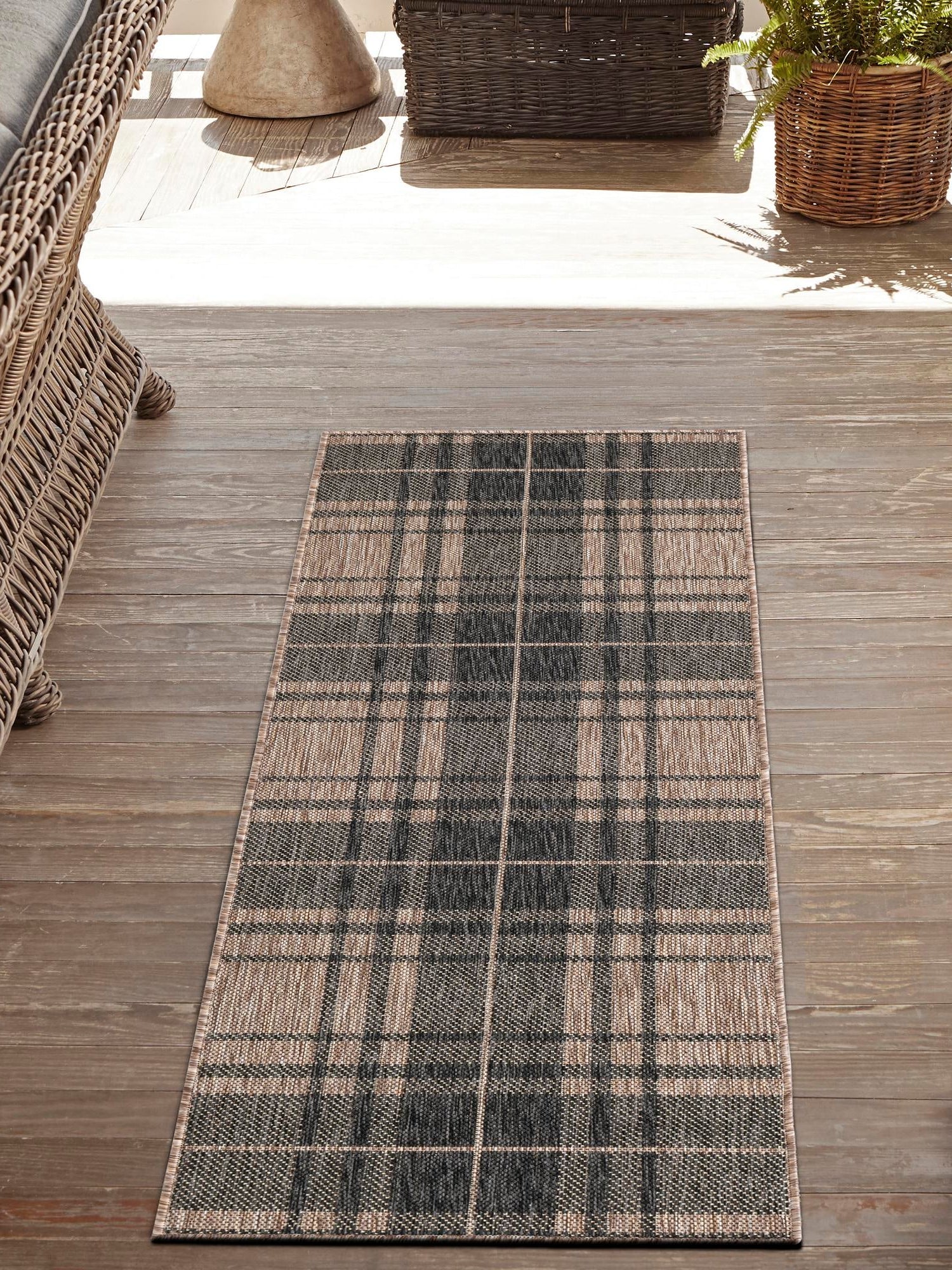 Black and Brown 2' x 6' 1 Outdoor Checkered Runner Area Rug Weather Resistant for Patio, Deck, Terrace, Balcony, Porch 100% Polypropylene Geometric Carpet for Sale at Rug Engine
