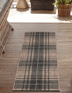 Black and Brown 2' x 6' 1 Outdoor Checkered Runner Area Rug Weather Resistant for Patio, Deck, Terrace, Balcony, Porch 100% Polypropylene Geometric Carpet for Sale at Rug Engine