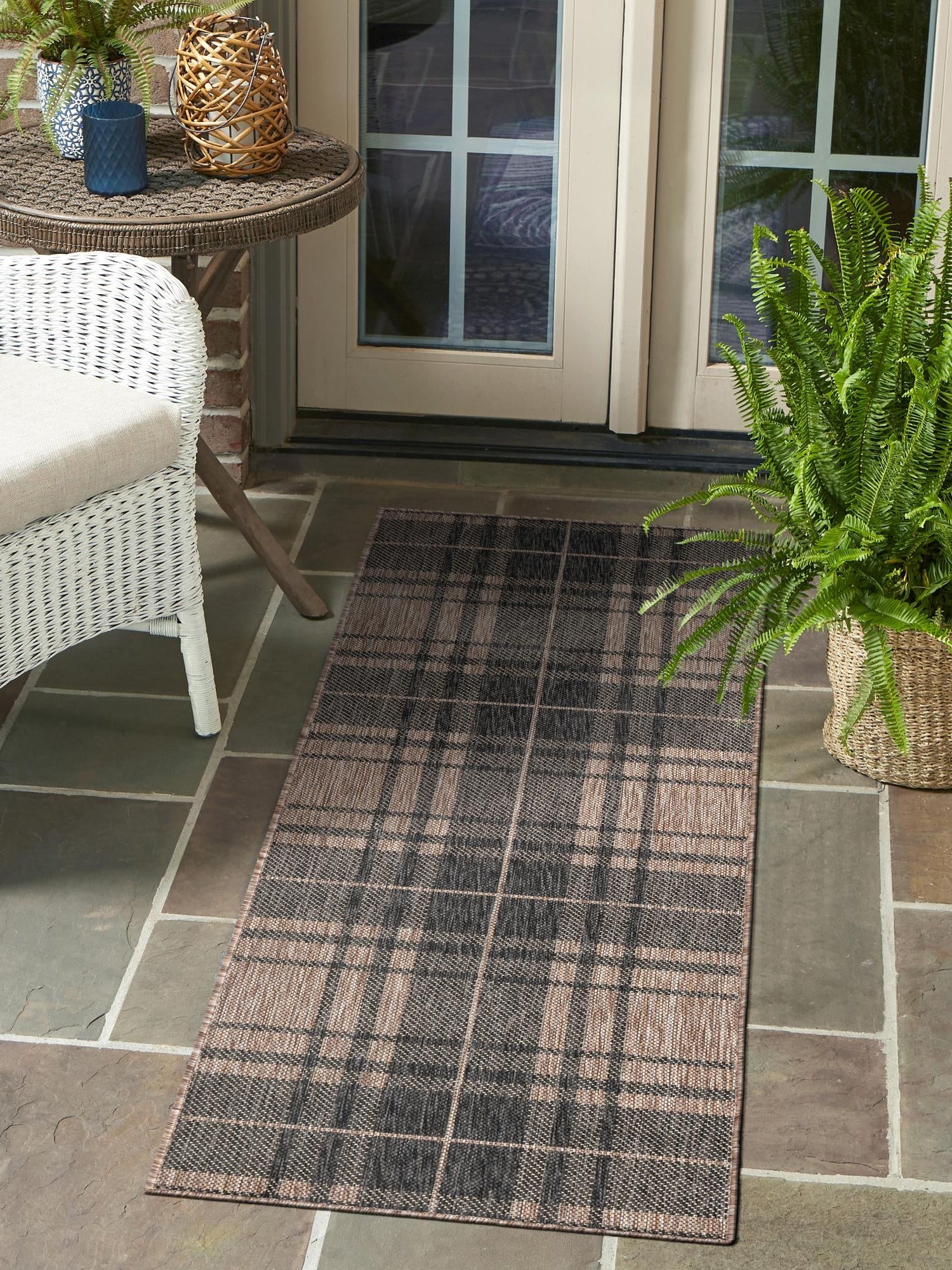 Black and Brown 2' x 6' 1 Outdoor Checkered Runner Area Rug Weather Resistant for Patio, Deck, Terrace, Balcony, Porch 100% Polypropylene Geometric Carpet for Sale at Rug Engine