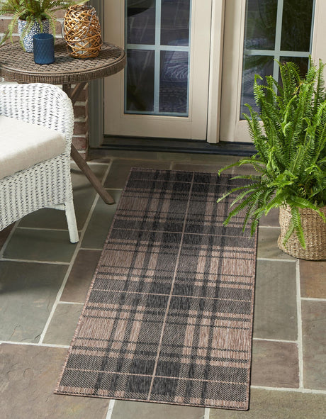 Black and Brown 2' x 8' Outdoor Checkered Runner Area Rug Weather Resistant for Patio, Deck, Terrace, Balcony, Porch 100% Polypropylene Geometric Carpet for Sale at Rug Engine