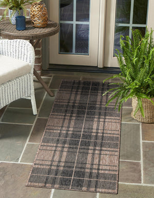 Black and Brown 2' x 5' 3 Outdoor Checkered Runner Area Rug Weather Resistant for Patio, Deck, Terrace, Balcony, Porch 100% Polypropylene Geometric Carpet for Sale at Rug Engine