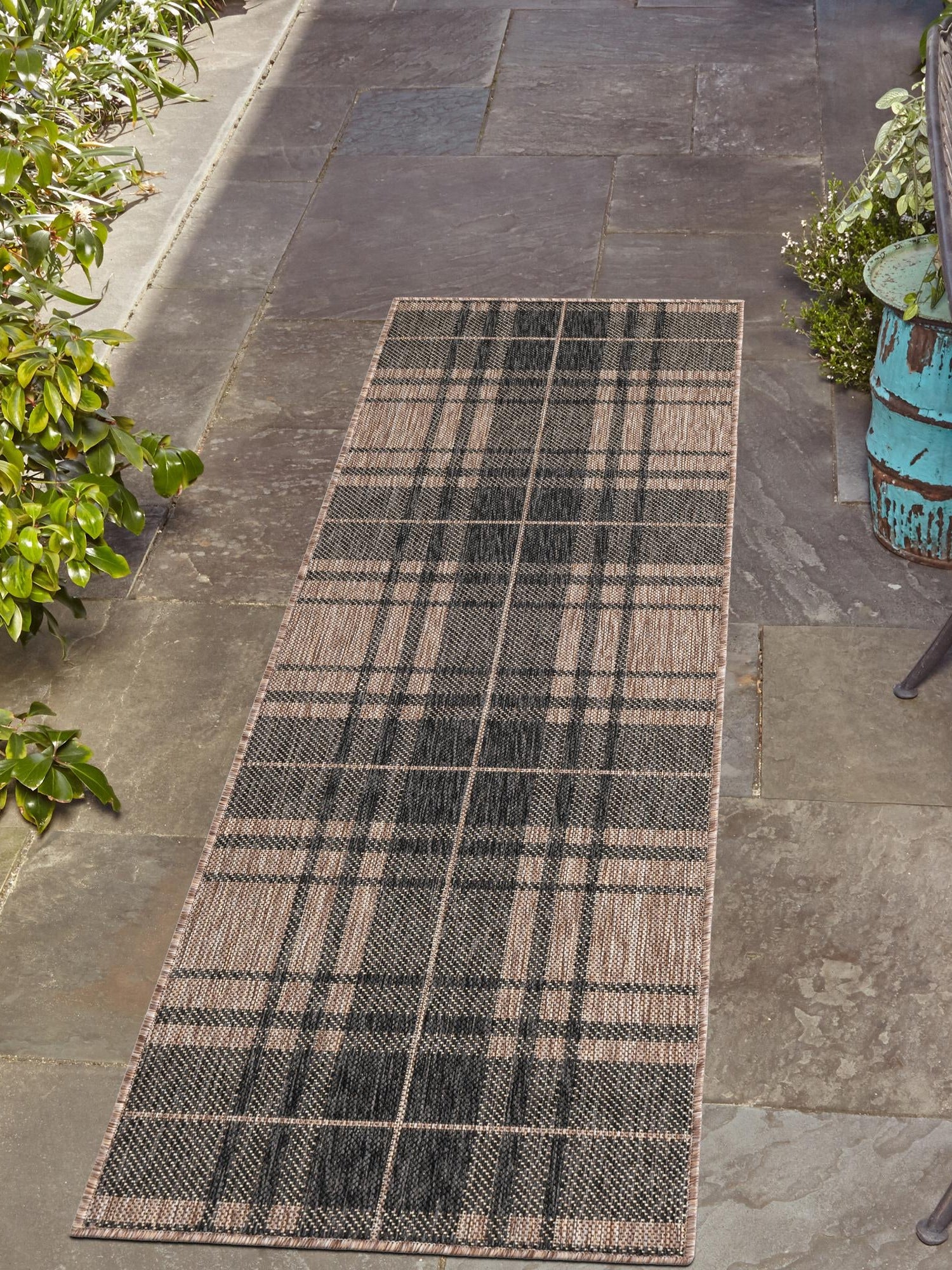 Black and Brown 2' x 6' 1 Outdoor Checkered Runner Area Rug Weather Resistant for Patio, Deck, Terrace, Balcony, Porch 100% Polypropylene Geometric Carpet for Sale at Rug Engine