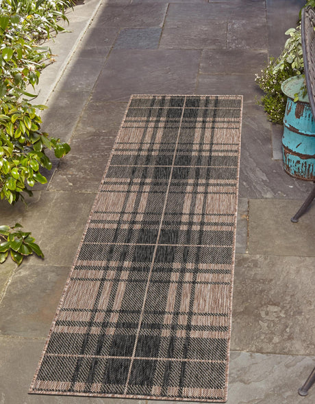 Black and Brown 2' x 6' 1 Outdoor Checkered Runner Area Rug Weather Resistant for Patio, Deck, Terrace, Balcony, Porch 100% Polypropylene Geometric Carpet for Sale at Rug Engine