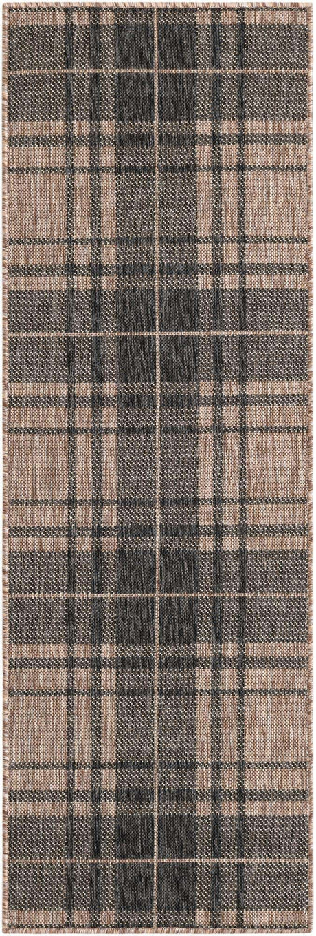 Black and Brown 2' x 6' 1 Outdoor Checkered Runner Area Rug Weather Resistant for Patio, Deck, Terrace, Balcony, Porch 100% Polypropylene Geometric Carpet for Sale at Rug Engine