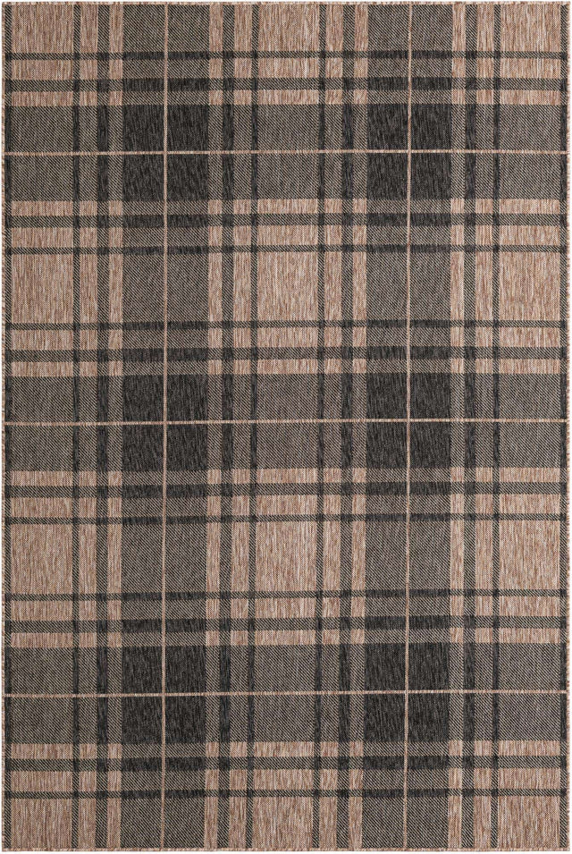 Black and Brown 6' 1 x 9' Outdoor Checkered Rectangle Area Rug Weather Resistant for Patio, Deck, Terrace, Balcony, Porch 100% Polypropylene Geometric Carpet for Sale at Rug Engine