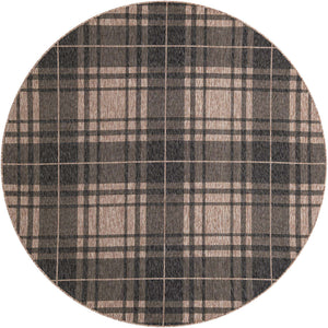Black and Brown 7' 10 x 7' 10 Outdoor Checkered Round Area Rug Weather Resistant for Patio, Deck, Terrace, Balcony, Porch 100% Polypropylene Geometric Carpet for Sale at Rug Engine